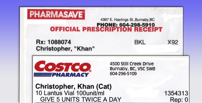 Pharmasave put Khan's name in quotations while Coscto notes that he is, in fact, a cat. Either way he has my last name which I think is cute.