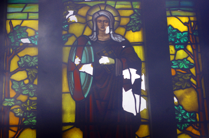 Stained glass window inside of the Woodward Mausoleum. 