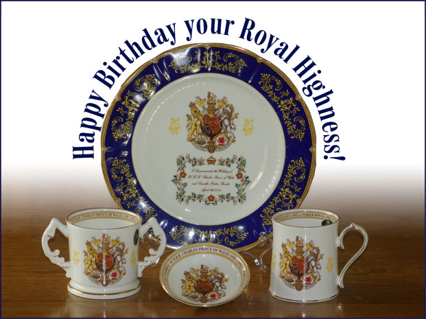 The front of my card features a photo of my prized four-piece Aynsley set which commemorates the marriage of Charles and Camilla.