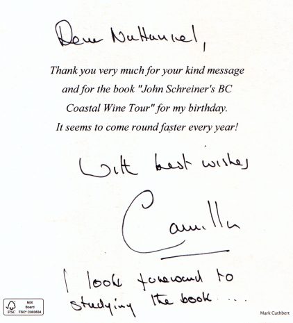 A handwritten note from Her Royal Highness.