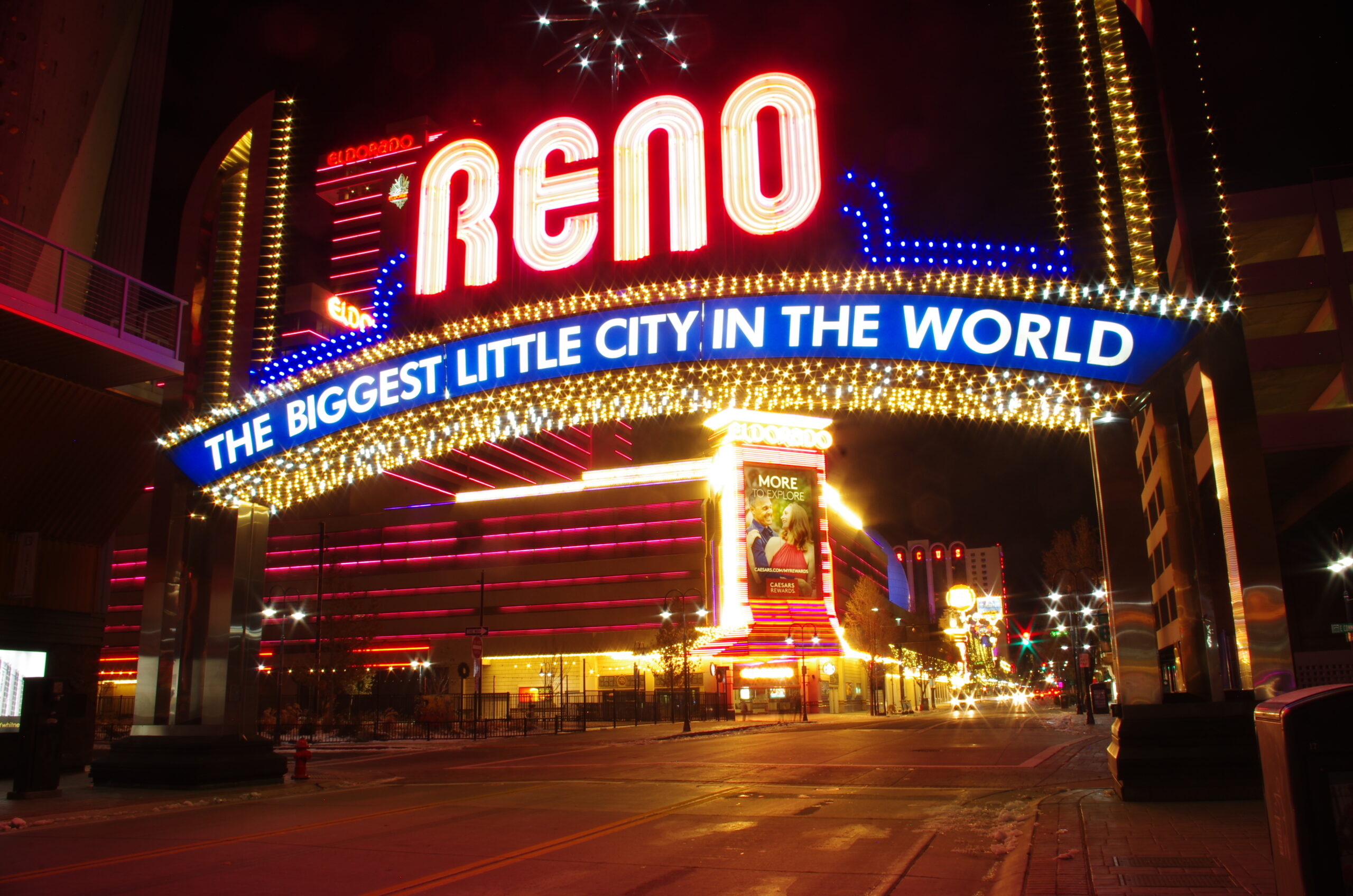 The iconic Reno Arch at night.